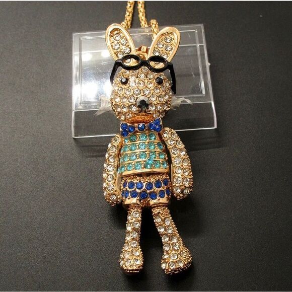 Blue Cute Sunglasses Rabbit Crystal Sweater Chain Necklace NWOT - Picture 1 of 2